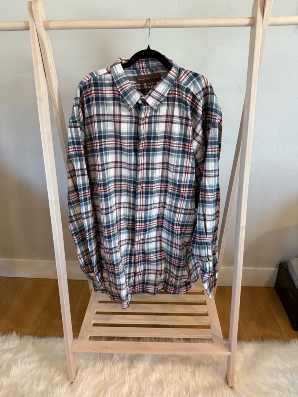 Men's Plaid Button-Down Shirt in White, Green & Red